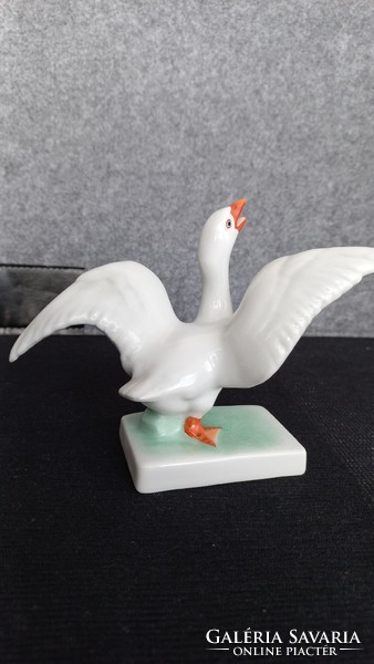Old Herend porcelain goose on pedestal, hand painted