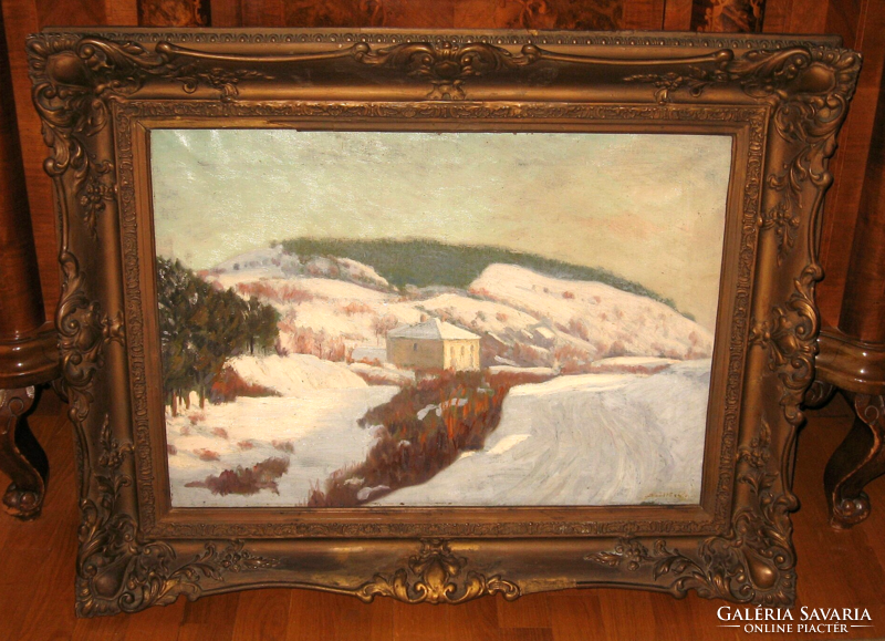 Guaranteed original János Szöllősy / 1884- / painting: snowy landscape