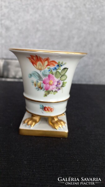 Old Herend clawed porcelain pot/vase on a pedestal, hand-painted, gilded