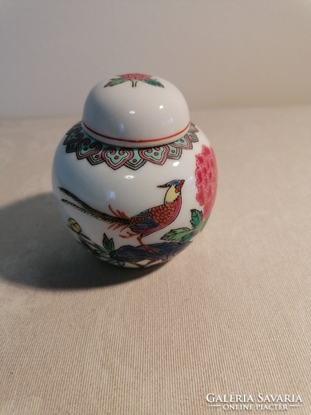 Hand-painted peony vase with pheasant lid, pot.