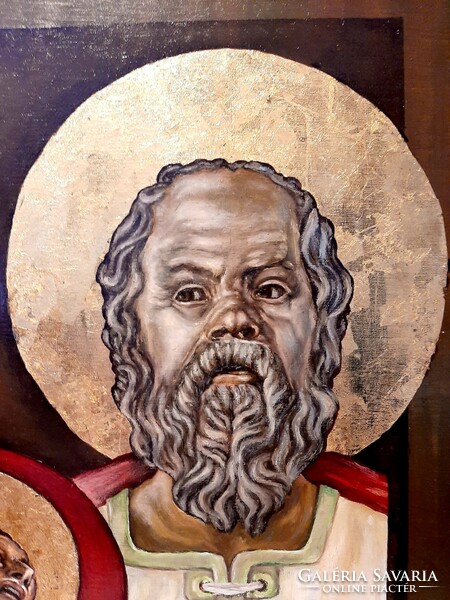 Fára festett Szent Ikon Szentekkel , laparanyozva  53,5 cm x 43,5 cm