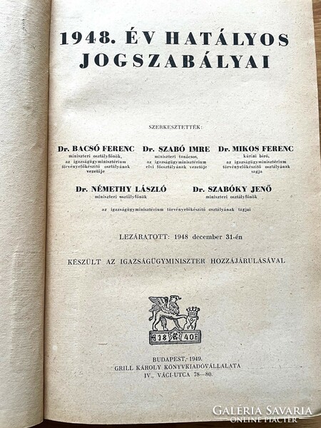 Dr. Bacsó Ferenc: 1948. év hatályos jogszabályai – antikvár jogi könyv – még Grill Kiadó