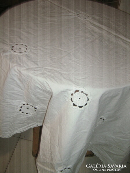 Beautiful crocheted floral white linen tablecloth