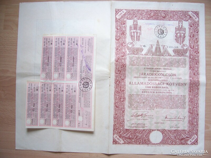 1000 Korona government debt bond, annuity loan 1915 + vouchers