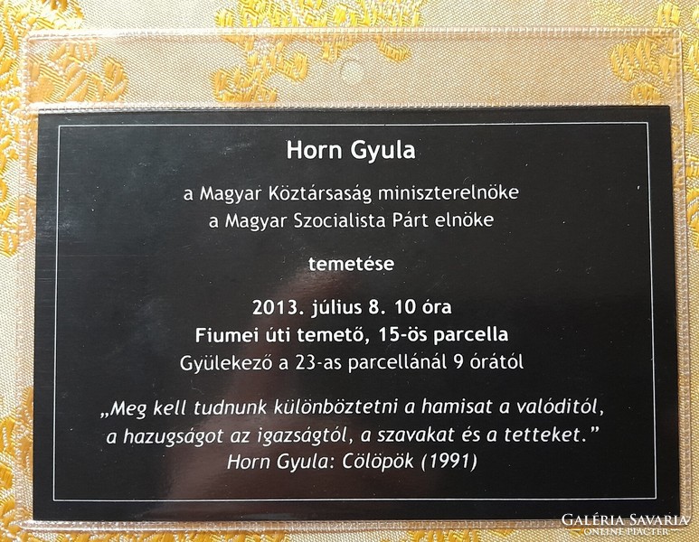 Commemorative card issued for the funeral of Min. President Gyula Horn