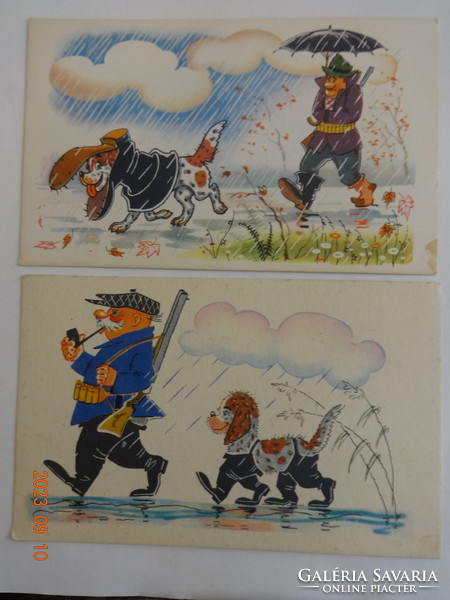 Two old, postal clean graphic Russian postcards together: with a hunting dog