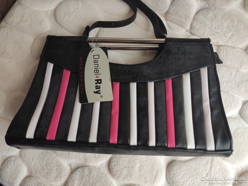 Daniel ray black white magenta pink striped women's leather bag / brand new