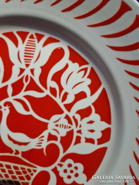 Hollóházi porcelán falitányér piros mintás  madaras