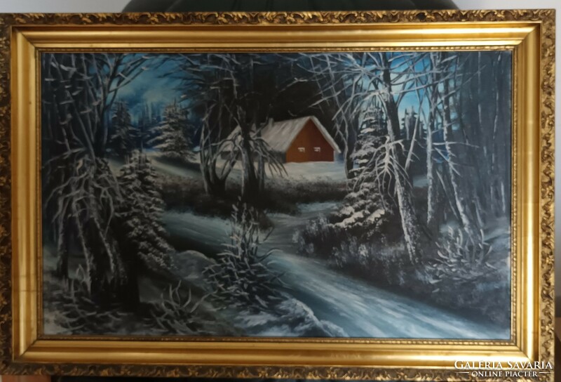 Winter landscape with house - oil painting