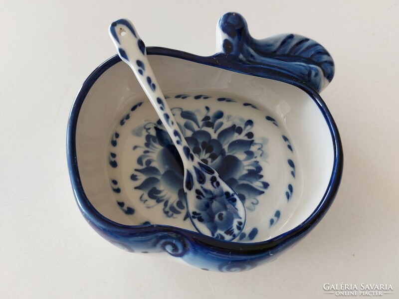 Russian folk ceramic apple-shaped bowl with spoon, blue and white offering