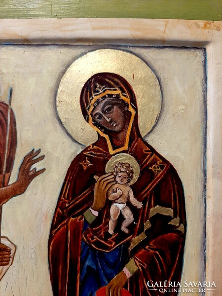Fára festett Szent Ikon SZŰz Mária Jelenése , festmény  30 cm x 37 cm