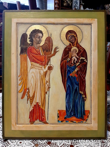 Holy icon apparition of the Virgin Mary painted on wood, painting 30 cm x 37 cm