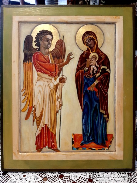 Holy icon apparition of the Virgin Mary painted on wood, painting 30 cm x 37 cm