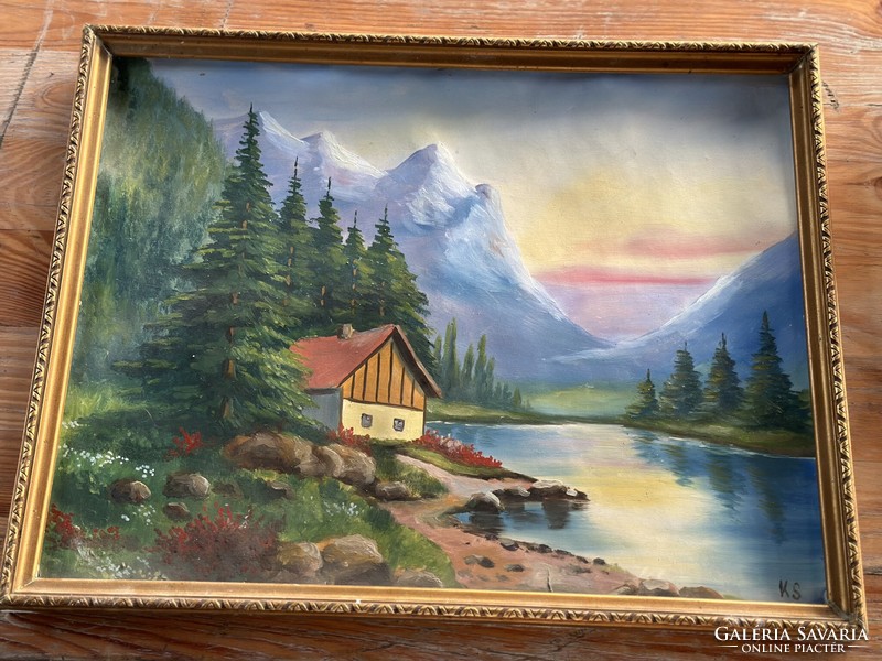 Waterside mountain cottage landscape xx. Signed from the century