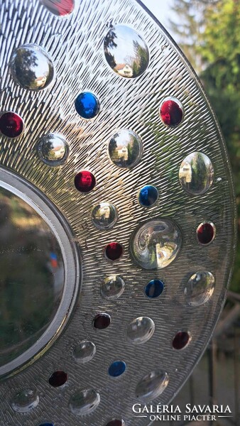 Large art deco glass bowl with blue and burgundy inserts