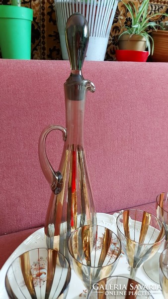 Rare bohemia crystal wine glass 6 pcs plus decanter. Smoky blown glass with gold stripe mid century