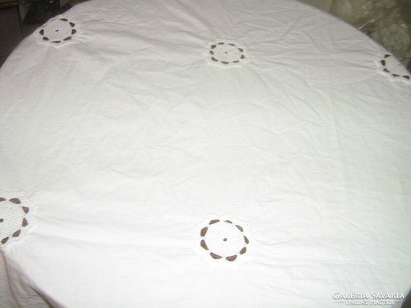 Beautiful crocheted floral white linen tablecloth