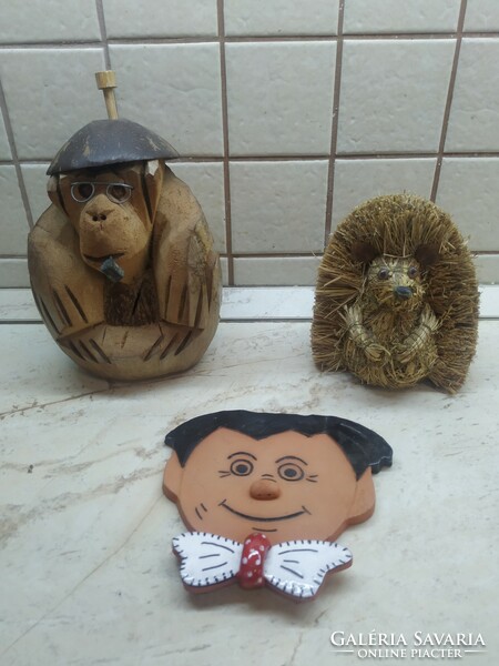 Sale! Action! Retro handicraft ornament for sale! Straw hedgehog, monkey with glasses, boy head