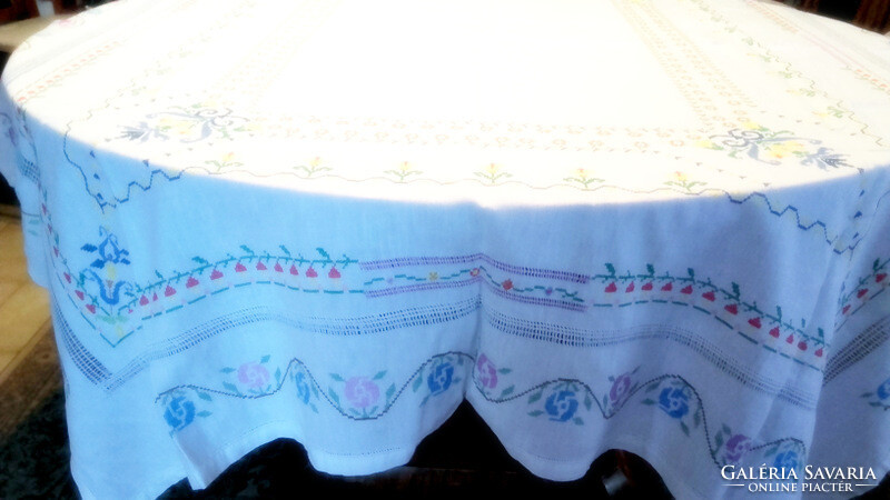 Vintage festive linen - rich cross stitch tablecloth 160 x 130 - art&decoration