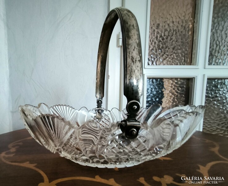 Beautiful antique crystal table centerpiece with silver lugs and tongs.