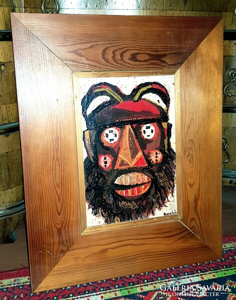 László Barabás - busó head fire enamel picture, double-sided