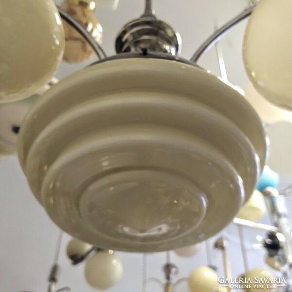 Art deco - streamlined 4-burner nickel-plated chandelier renovated - cream shades