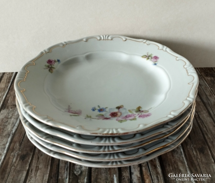 5 beautiful old gold feathered Zsolnay cookies, dessert plate, with a wild rose pattern