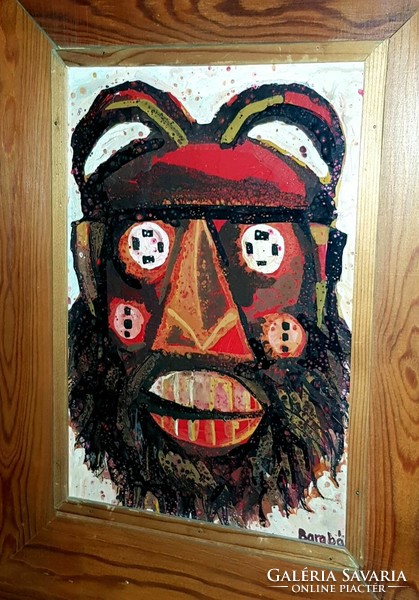 László Barabás - busó head fire enamel picture, double-sided