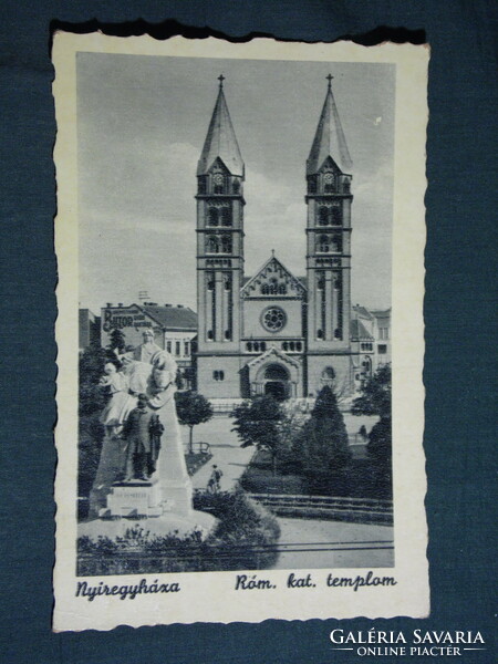 Postcard, view of Nyíregyháza church, statue of Lajos Kossuth, 1940-50