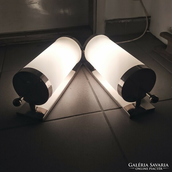 Bauhaus - pair of art deco nickel-plated wall tube lamps renovated - milk glass cylinder shade