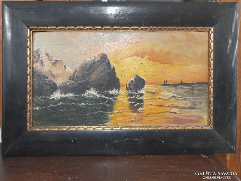Old oil cardboard rocky waterfront painting.