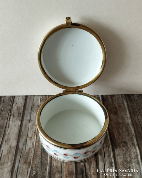 Antique hinged porcelain bowl with copper fittings
