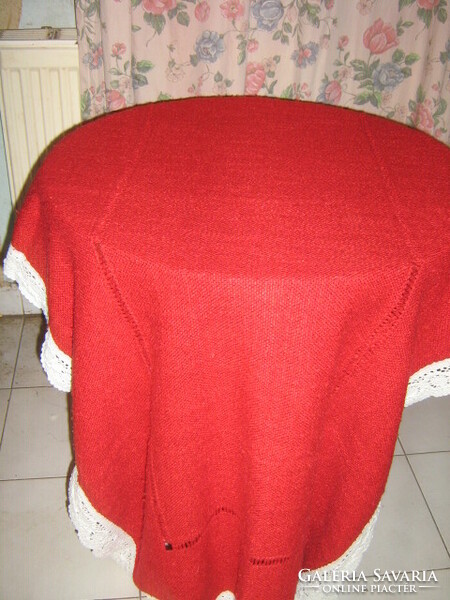 Beautiful handmade crocheted red azure antique woven tablecloth