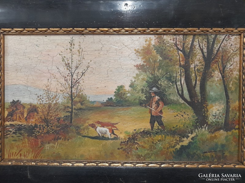 Old oil cardboard hunting with dogs painting.