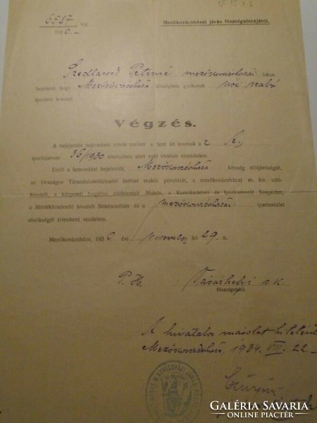 ZA492.36  Mezőkovácsháza járási főszolgabírájától  VÉGZÉS -1930 Szedlacsek Péterné