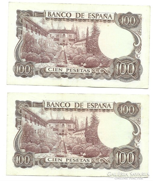2 x 100 peseta pesetas 1970 Spanyolország 4. Gyönyörű Sorszámkövető