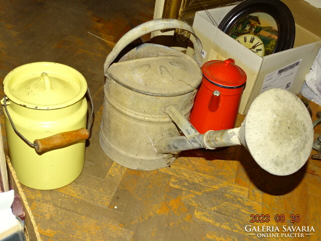 Old enamel jug tin watering can rustic folk garden nostalgia decoration 3 pcs.