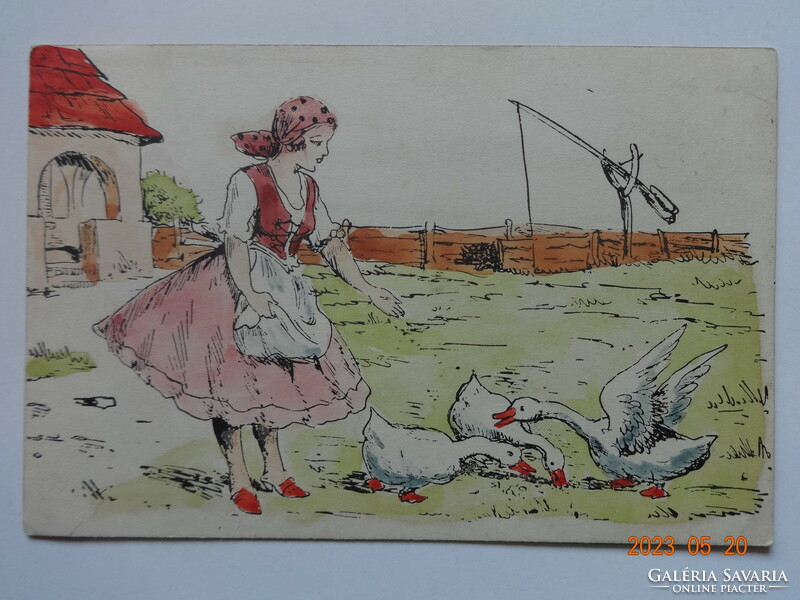 Old graphic greeting card (girl feeding geese in folk costume)