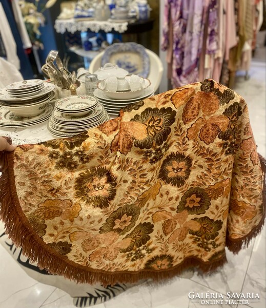 Antique silk brocade round fringe tablecloth