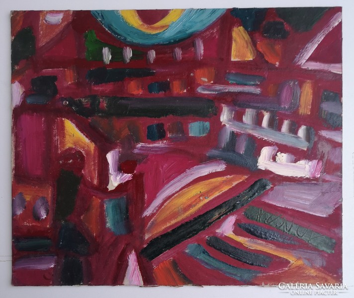 Miklós Cs. Németh (1932-2012): love, city, night. Signed oil painting.
