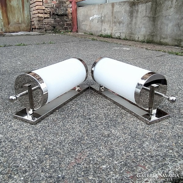 Bauhaus - pair of art deco nickel-plated wall tube lamps renovated - milk glass cylinder shade