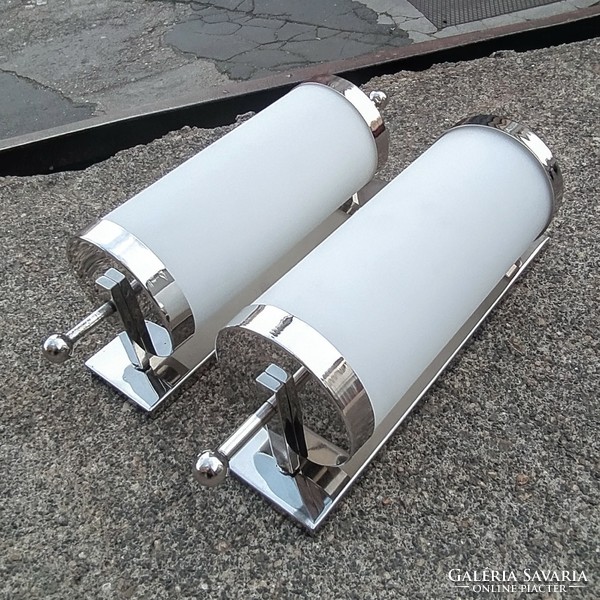 Bauhaus - pair of art deco nickel-plated wall tube lamps renovated - milk glass cylinder shade