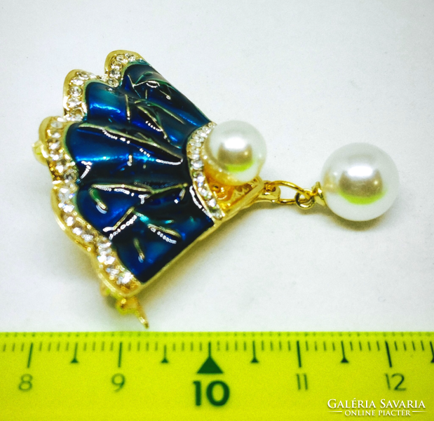 Gold-plated, blue enameled, bamboo-patterned fan brooch-pendant 15