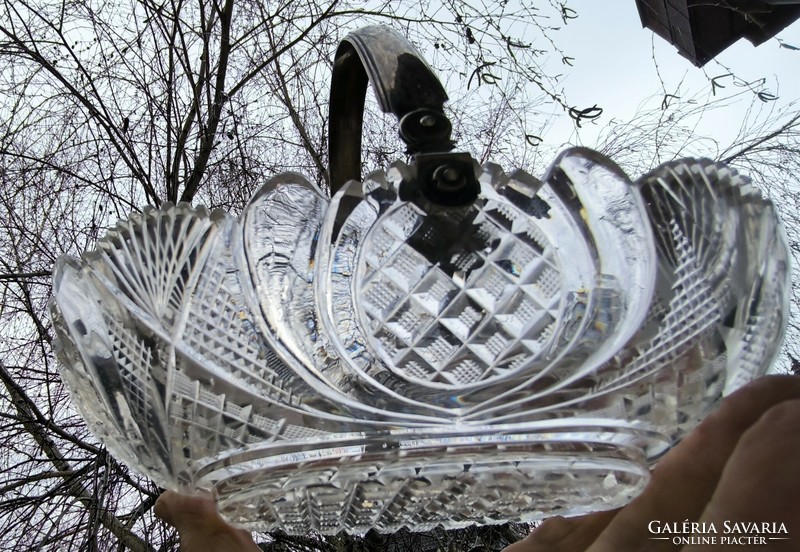 Beautiful antique crystal table centerpiece with silver lugs and tongs.