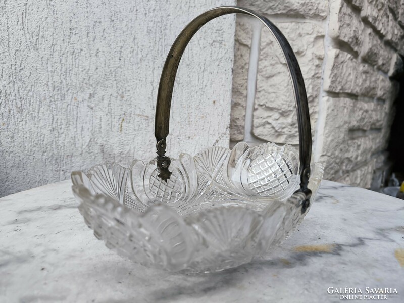 Beautiful antique crystal table centerpiece with silver lugs and tongs.