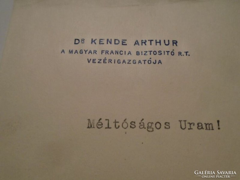 ZA492.31   Dr. Kende Artur  vezérigazgató  autográf levele 1931 Magyar -Francia Biztosító R.T. BP