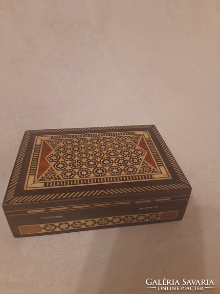 Inlaid wooden box, jewelry box with red velvet interior