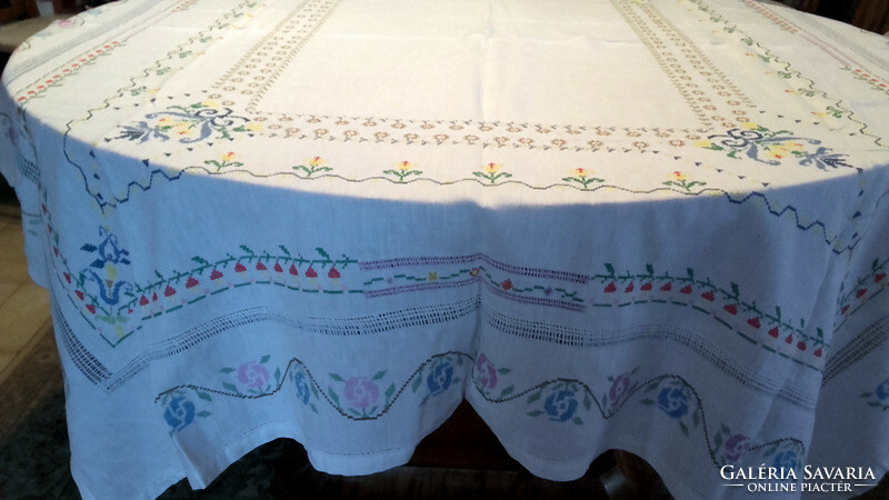 Vintage festive linen - rich cross stitch tablecloth 160 x 130 - art&decoration