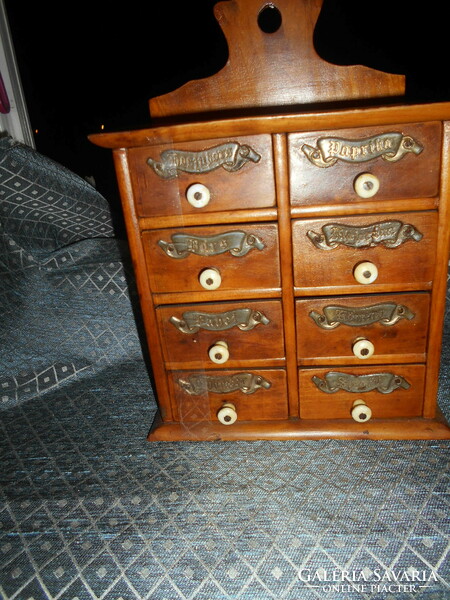 8 Drawers-- antique wooden spice holder-metal board, porcelain buttons