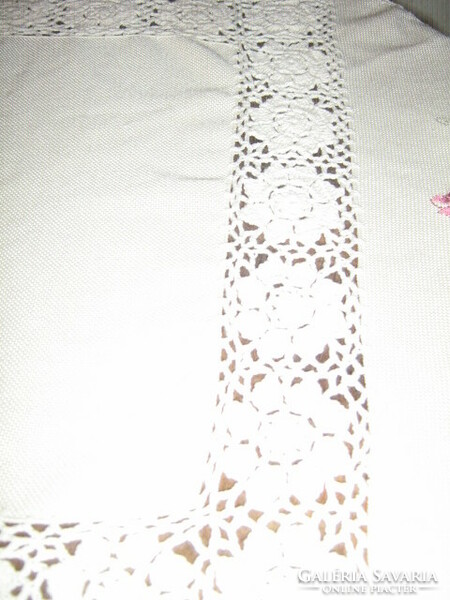 Beautiful handmade crocheted rose machine embroidered tablecloth